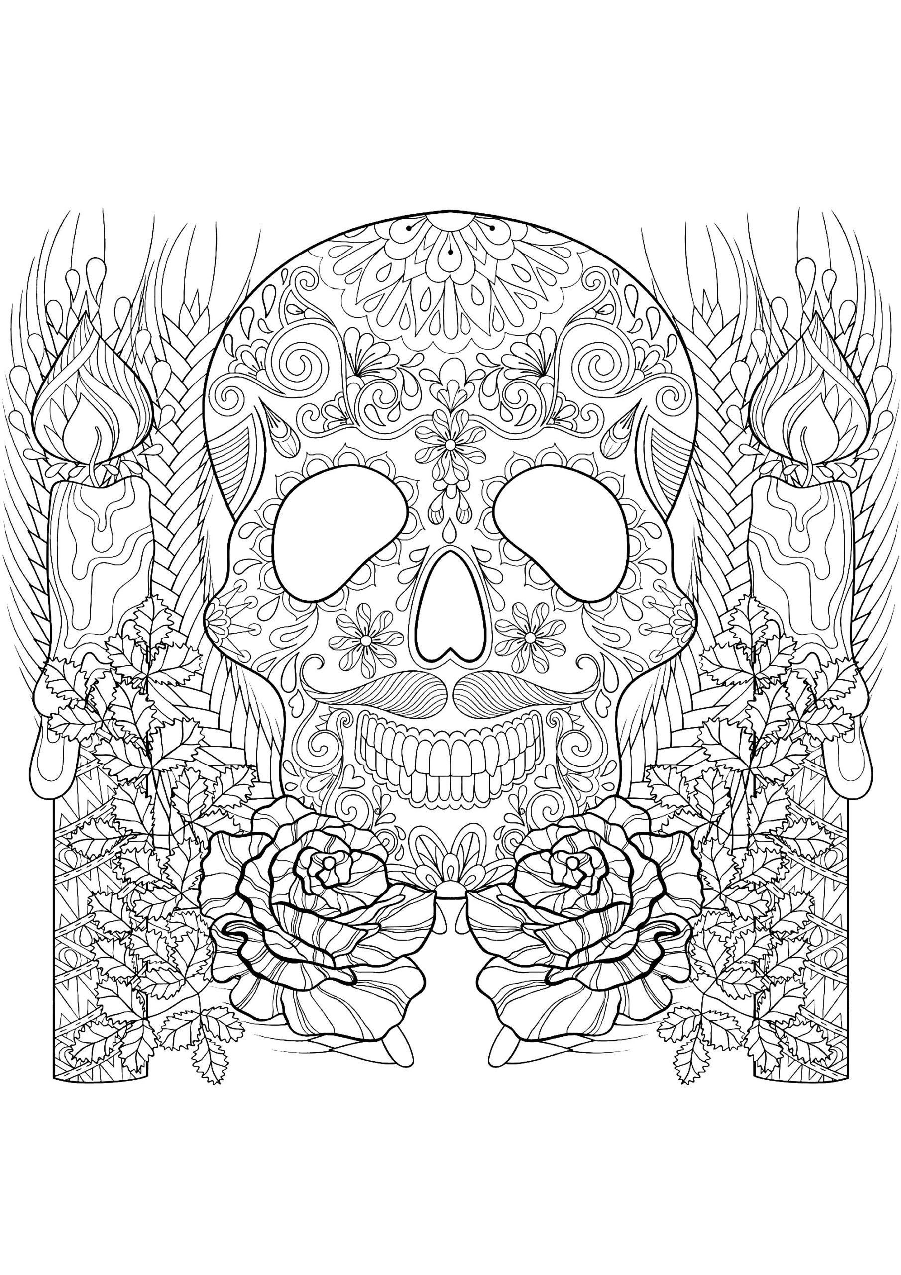 Skull And Candles Halloween Adult Coloring Pages