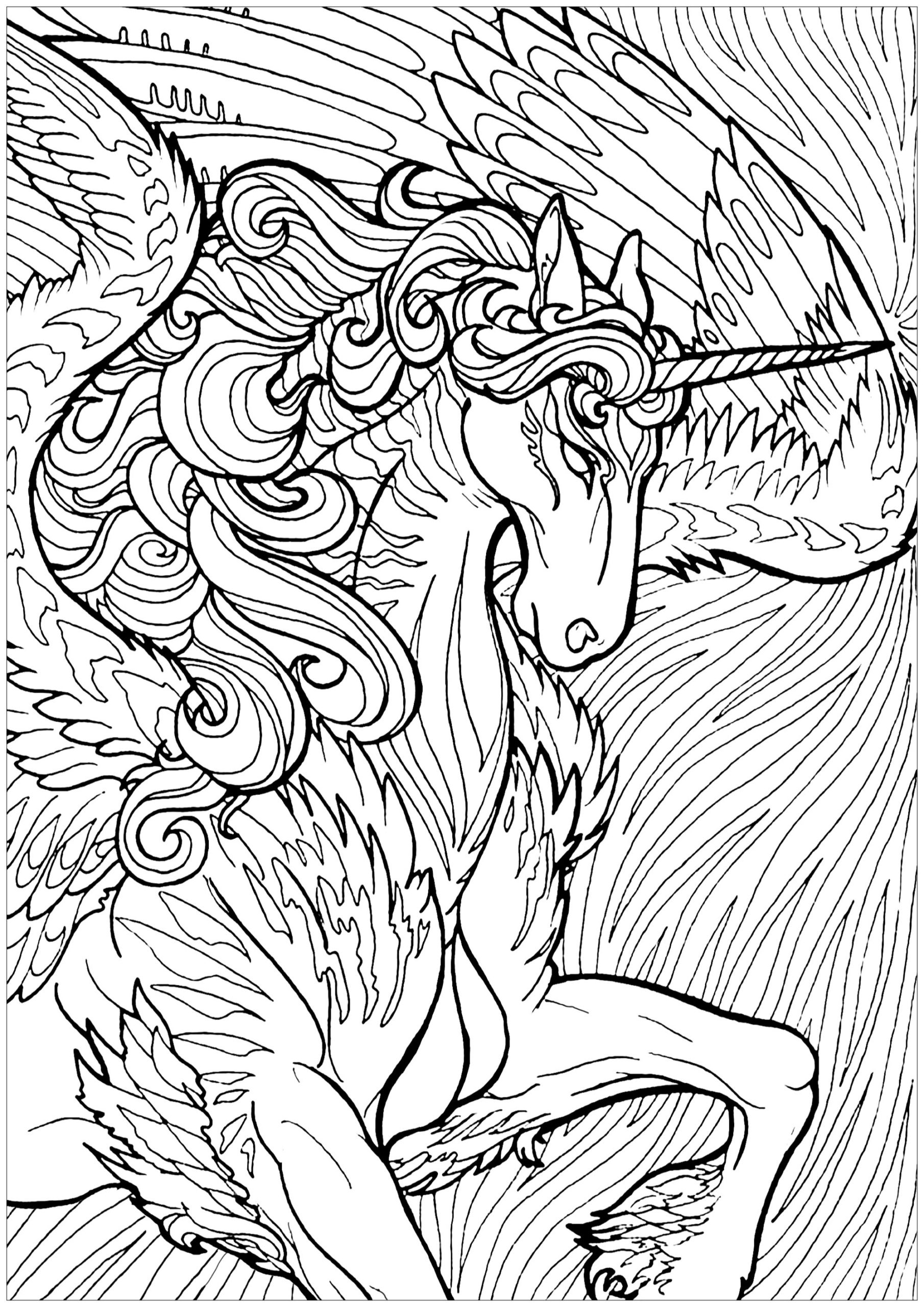 Unicorn With Wings And Background Unicorns Adult Coloring Pages