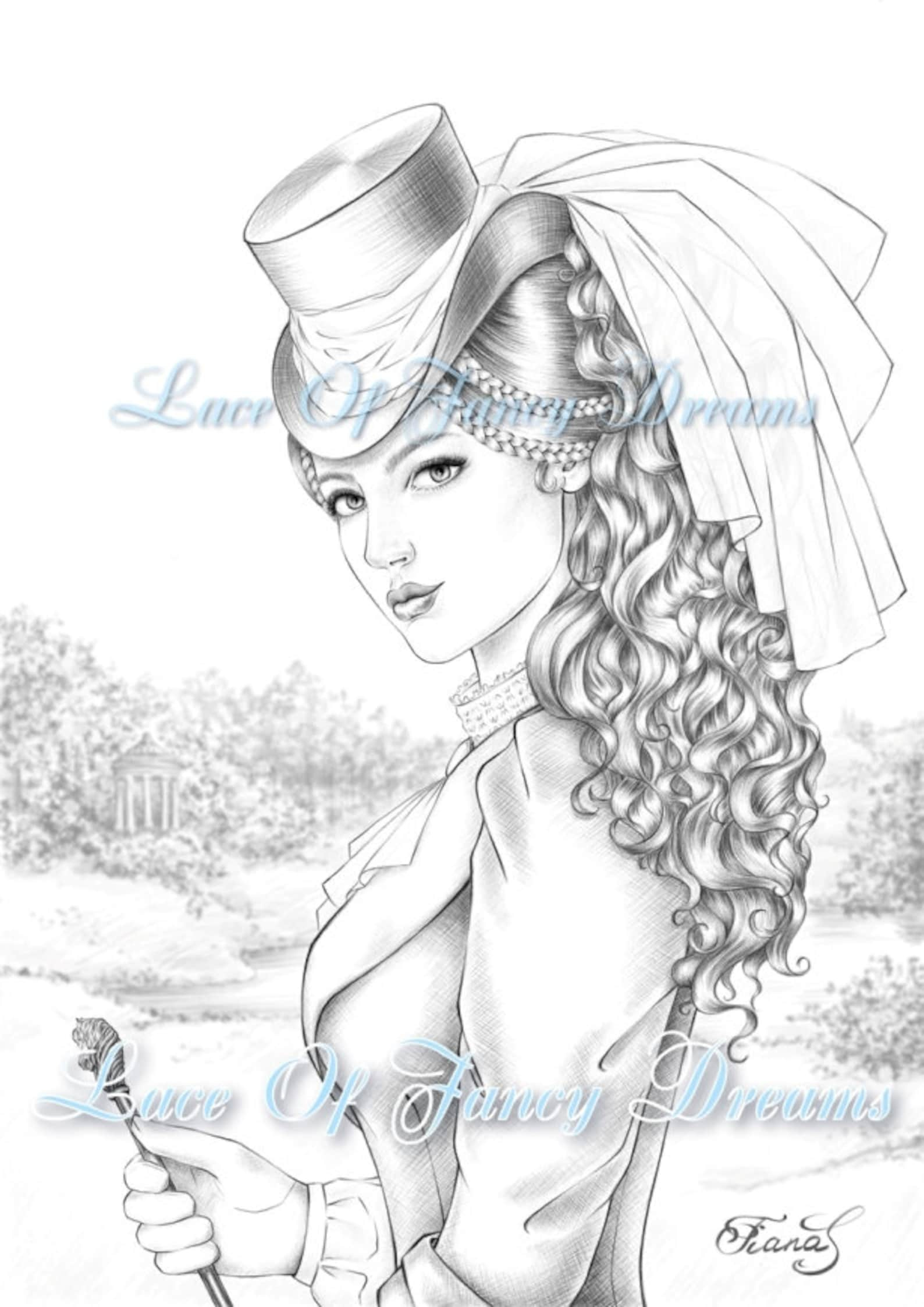 Victorian Woman Coloring Page For Adult Coloring Sheet To Etsy