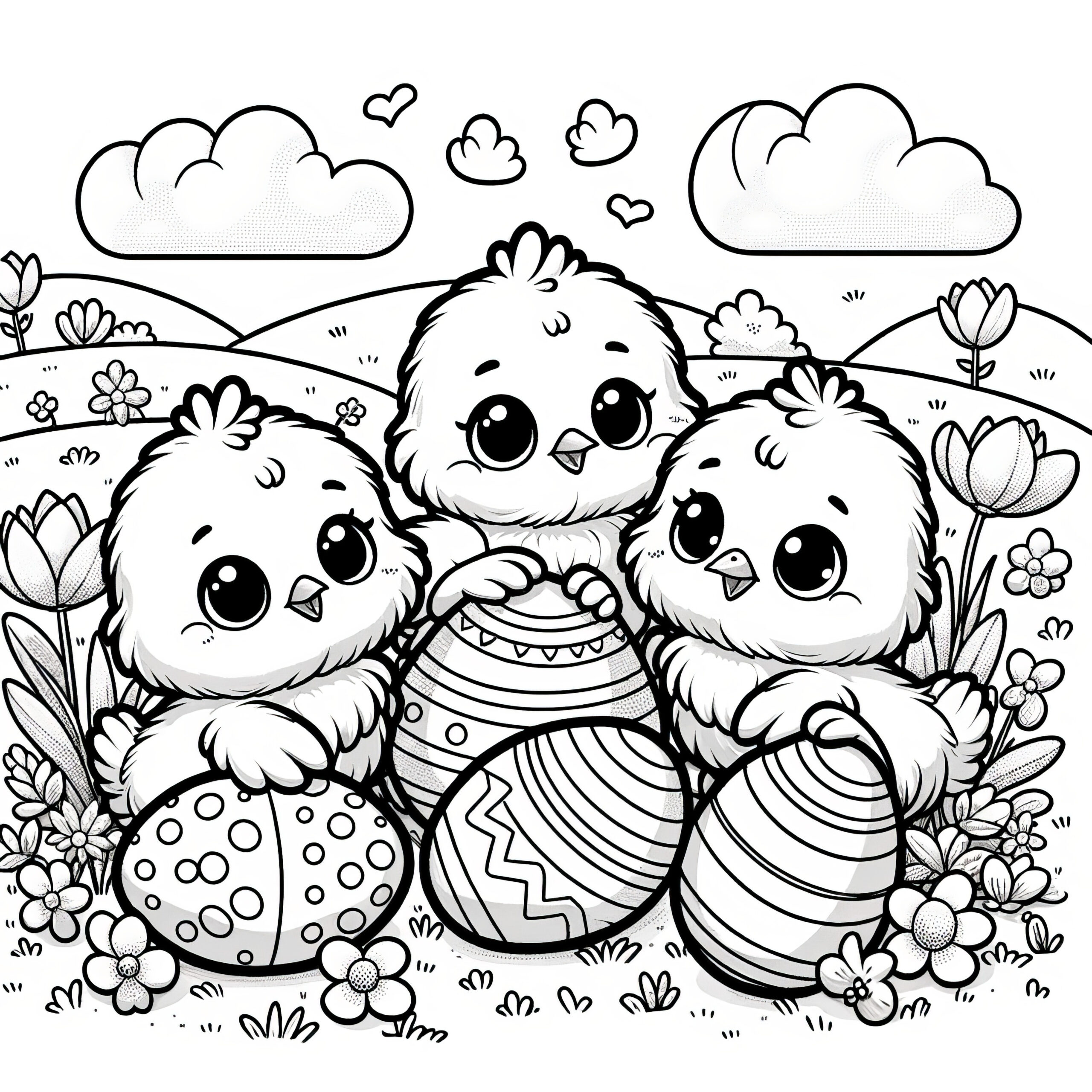 Three Cute Easter Chicks With Easter Eggs: Coloring Page Free For intended for Free Printable Easter Baby Chick Coloring Pages